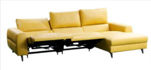 An elegant yellow leather reclining sofa and reclining chair set, perfect for luxurious comfort.